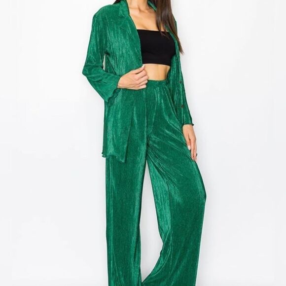 MONACO Suit Women Green 2 Pieces Shirt and pants set Sz L very comfortable NEW